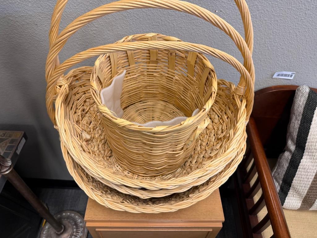 FOUR WICKER BASKETS, THREE WITH ELONGATED HANDLES, ONE IS WASTE BASKET - 3