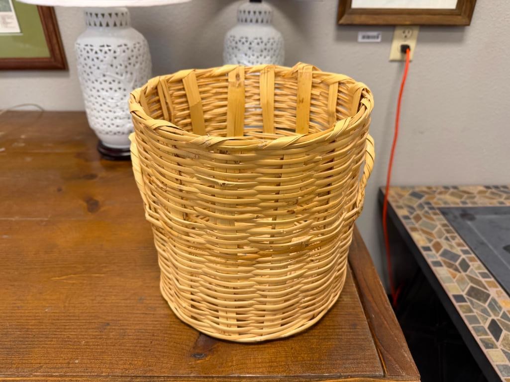FOUR WICKER BASKETS, THREE WITH ELONGATED HANDLES, ONE IS WASTE BASKET - 5