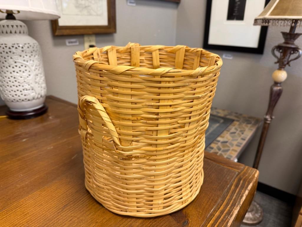 FOUR WICKER BASKETS, THREE WITH ELONGATED HANDLES, ONE IS WASTE BASKET - 6