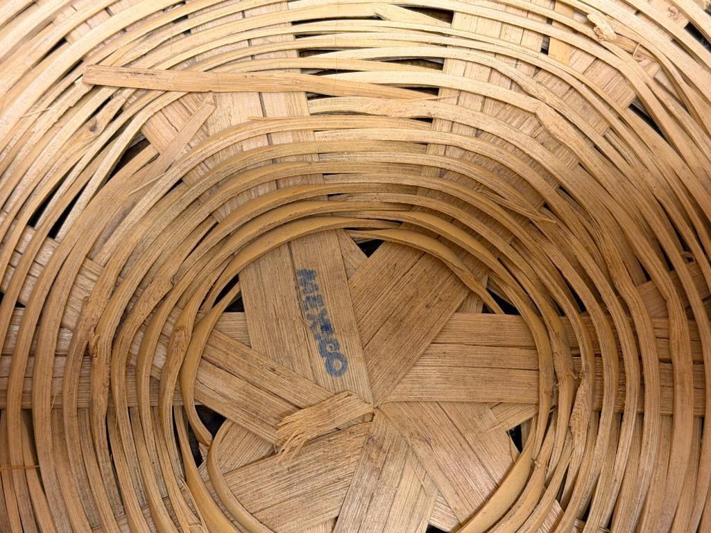 FOUR WICKER BASKETS, THREE WITH ELONGATED HANDLES, ONE IS WASTE BASKET - 7