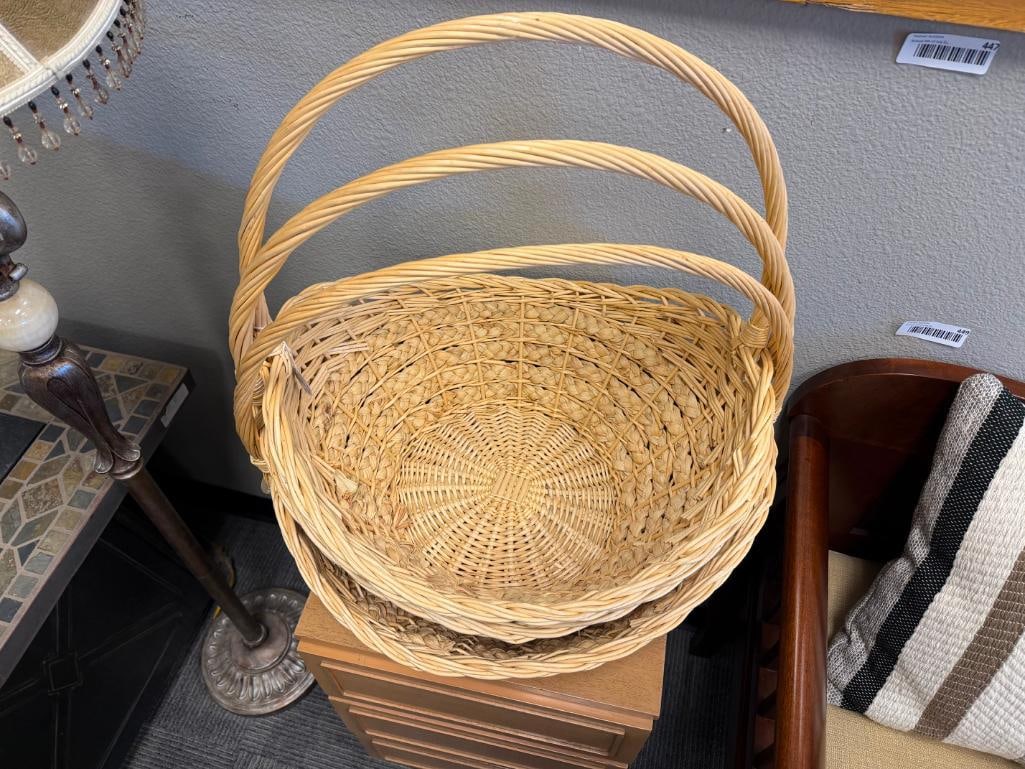 FOUR WICKER BASKETS, THREE WITH ELONGATED HANDLES, ONE IS WASTE BASKET - 8