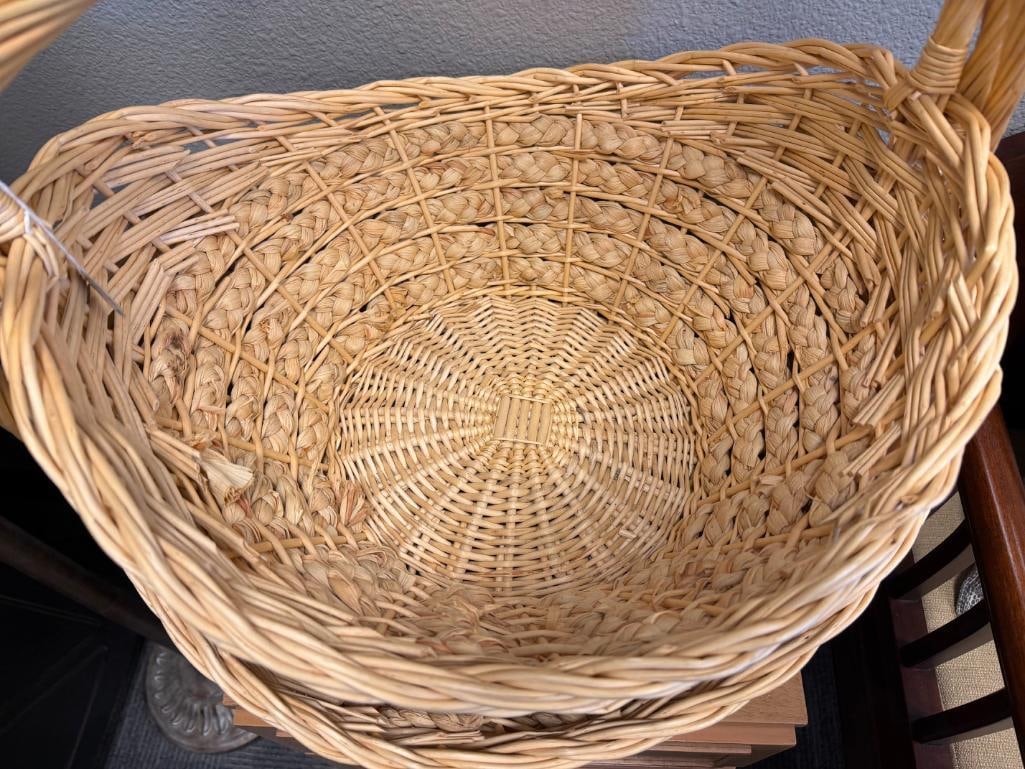 FOUR WICKER BASKETS, THREE WITH ELONGATED HANDLES, ONE IS WASTE BASKET - 9