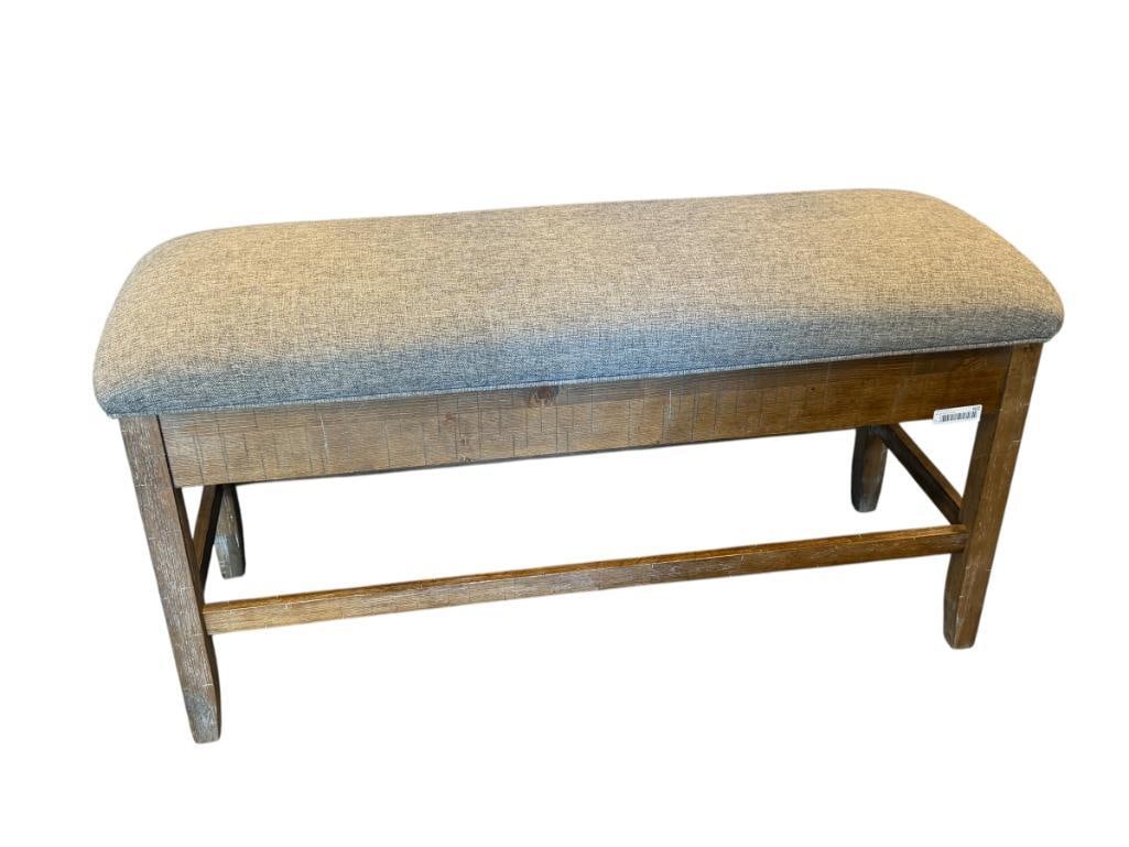 ELEGANT MODERN DESIGN WOOD FRAME STORAGE BENCH WITH DARK GREY PADDED UPHOLSTERED STORAGE LID TOP: IN GREAT CONDITION, RUSTED APPEAL DESIGN ON WOOD FRAME 47" X 17" X 25"
