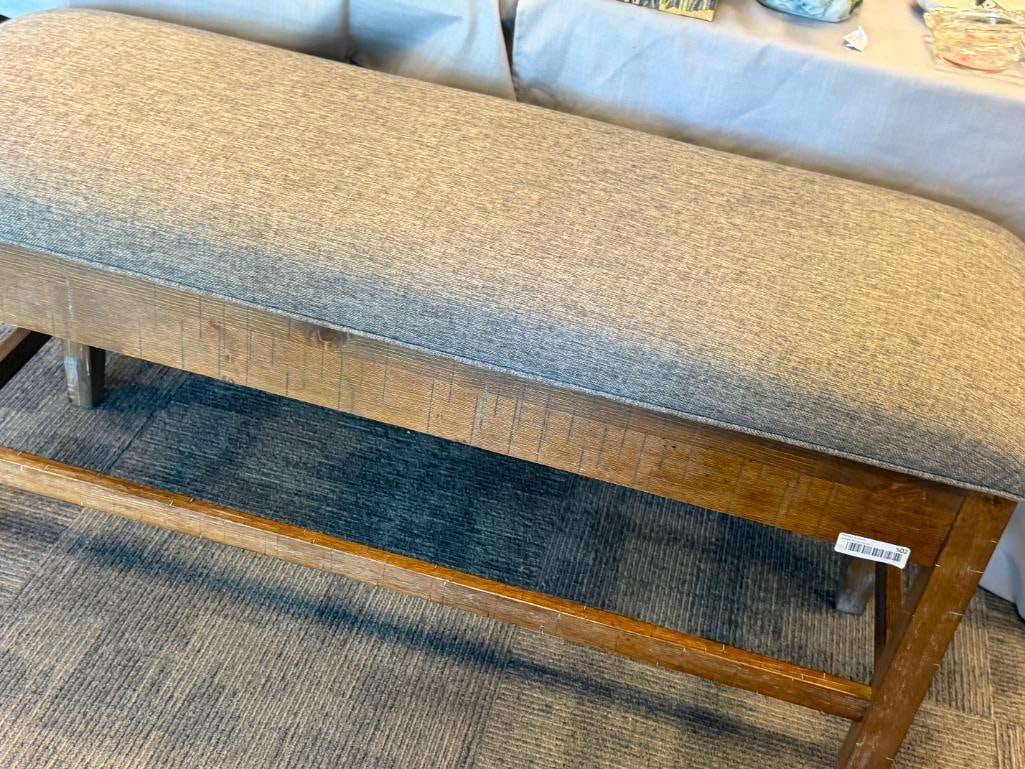 ELEGANT MODERN DESIGN WOOD FRAME STORAGE BENCH WITH DARK GREY PADDED UPHOLSTERED STORAGE LID TOP - 3