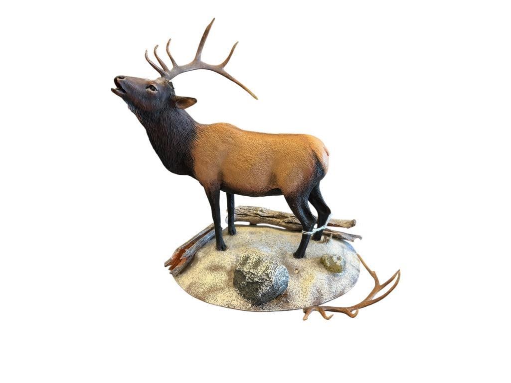 DANUBURY MINT " WINTER CALL " ELK SCULPTURE BY BRUCE MILLER AND CURTIS CHRISTENSEN: FROM THE MONARCHS WILDERNESS SCULPTURE COLLECTION, HAS BEEN REPAIRED ON ANTLERS, LABEL ON BOTTOM, DEPICTS ELK BULGING 10 1/4" H