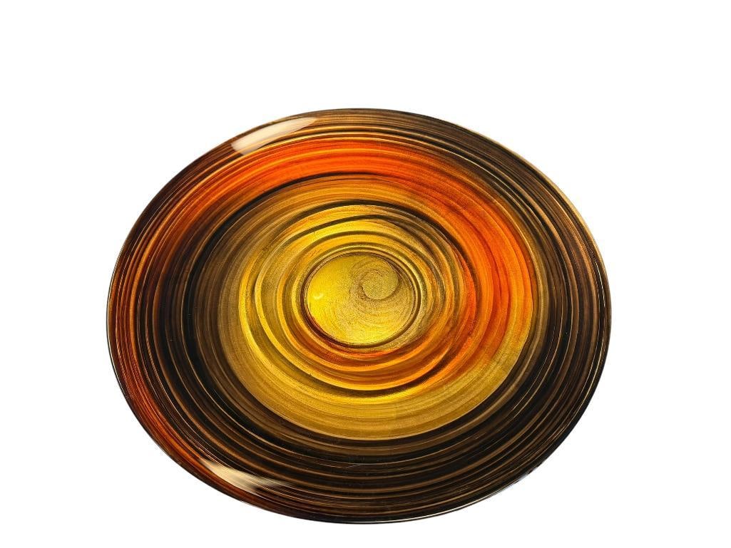 DALE TIFFANY STYLE ART GLASS BOWL WITH VIBRANT ORANGE, GOLD, AND BLACK SWIRL DESIGN: NO MARKINGS, GILDED GOLD BOTTOM, SOME MINOR SCUFFS IN GOLD BOTTOM 16 1/2" DIAMETER 