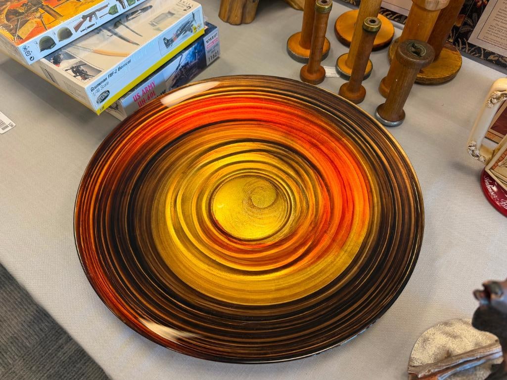 DALE TIFFANY STYLE ART GLASS BOWL WITH VIBRANT ORANGE, GOLD, AND BLACK SWIRL DESIGN - 3
