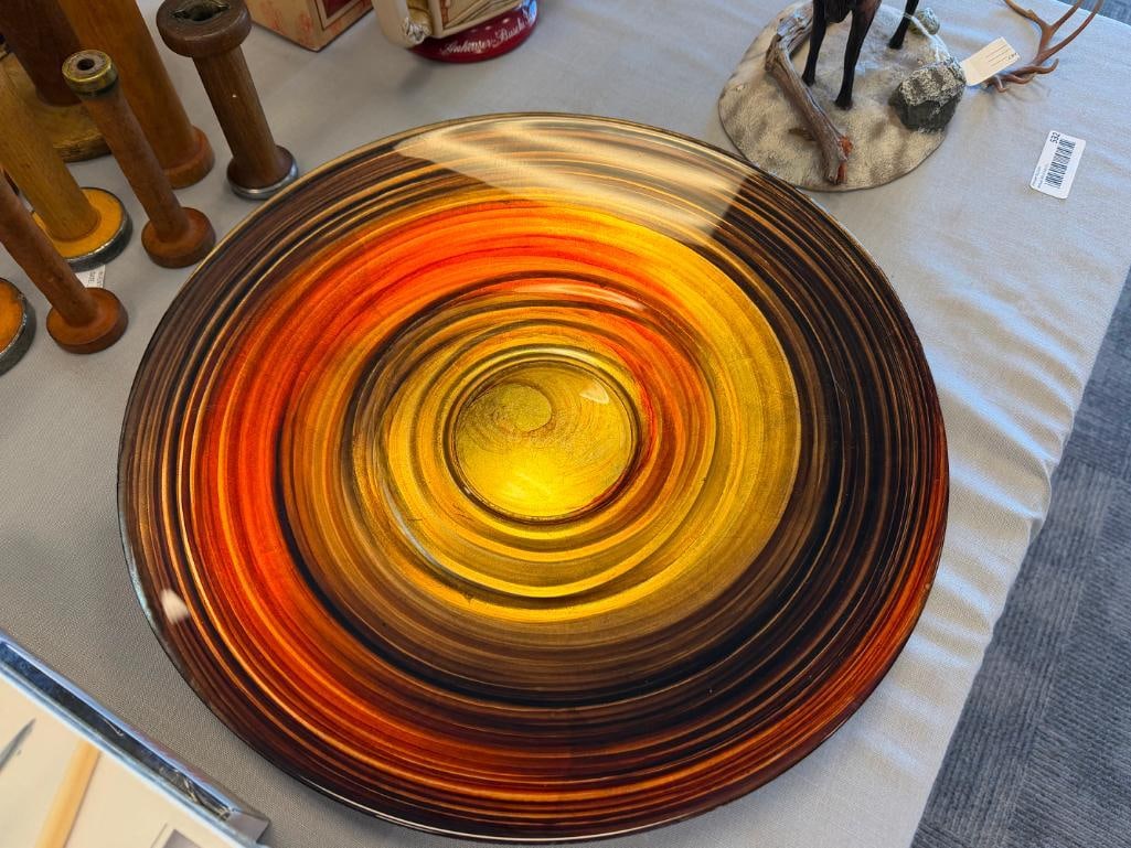 DALE TIFFANY STYLE ART GLASS BOWL WITH VIBRANT ORANGE, GOLD, AND BLACK SWIRL DESIGN - 4