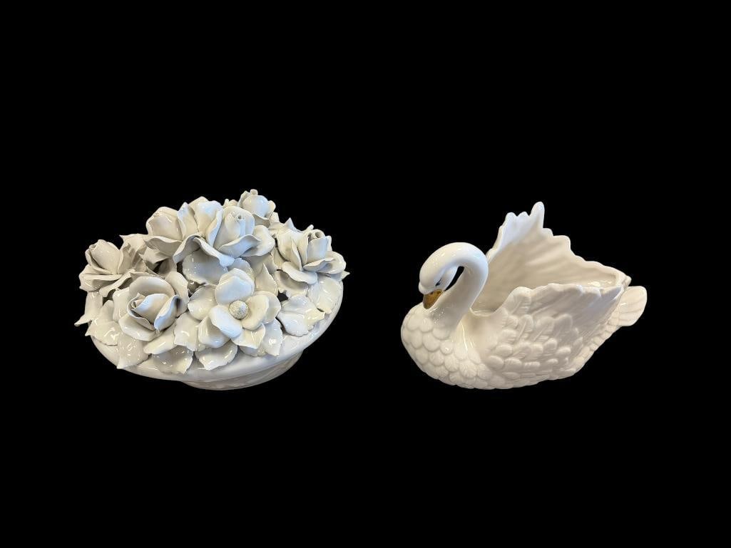 CPL ITALIAN WHITE PORCELAIN FLORAL BOUQUET LIDDED BOWL WITH FIGURAL ROSES AND ARCO CERAMIC SWAN: SWAN HAS LABEL ON BOTTOM AND BASKET IS MARKED BY CPL ON BOTTOM AS WELL, MINOR CHIPS 9" X 7" X 7" LIDDED BOWL, 9" L SWAN