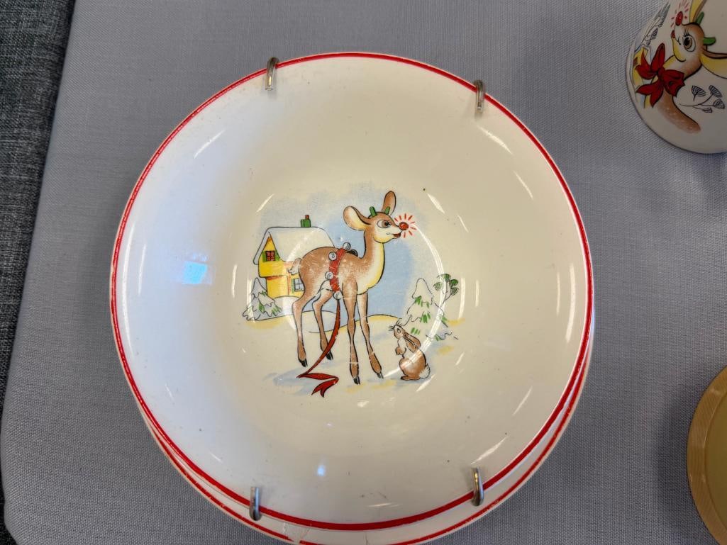 VINTAGE CHRISTMAS HOLIDAY RUDOLPH THE RED-NOSED REINDEER CHILD'S TABLEWARE THREE PIECE SET BY R.L... - 5