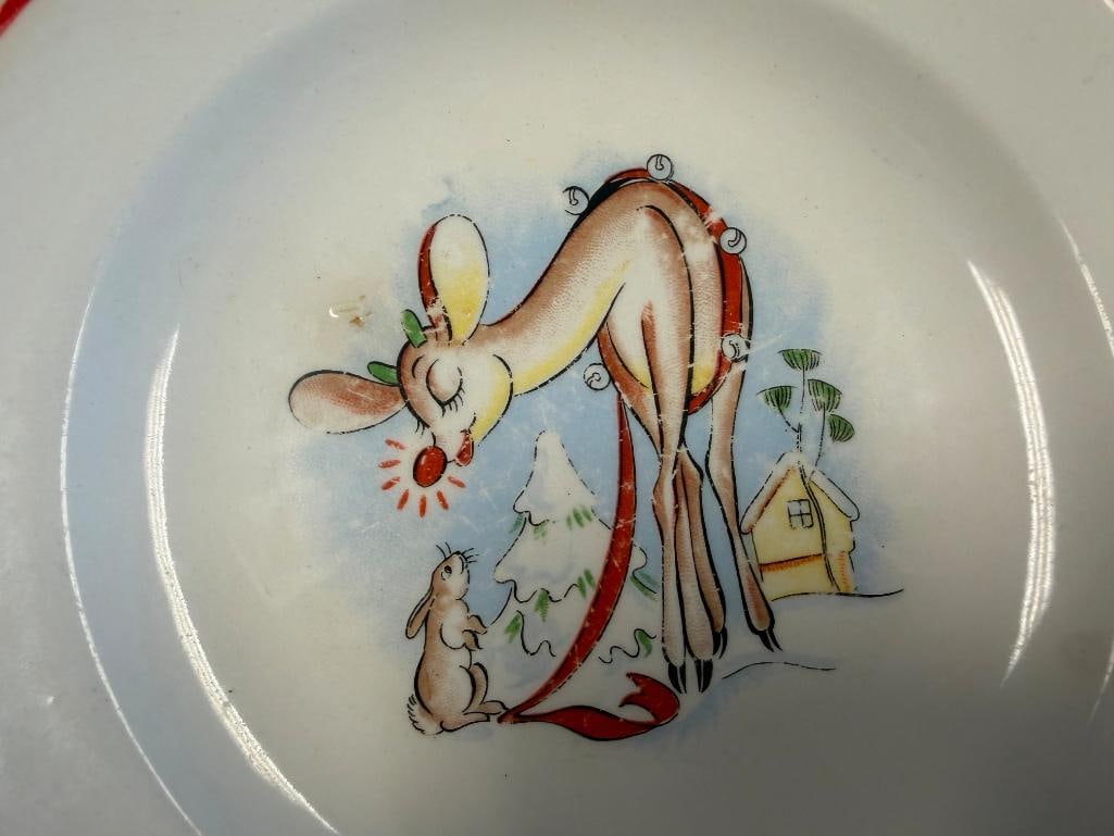 VINTAGE CHRISTMAS HOLIDAY RUDOLPH THE RED-NOSED REINDEER CHILD'S TABLEWARE THREE PIECE SET BY R.L... - 9
