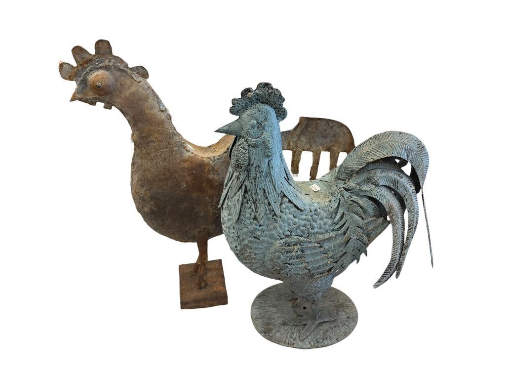 TWO RUSTIC METAL FARM RANCH ROOSTER SCULPTURES: ONE FEATURES UNIQUE WELDED DESIGN WITH RUSTIC METAL APPEAL AND OTHER FEATURES BLUE PAINTED PATINA LARGEST IS 21 1/2" H