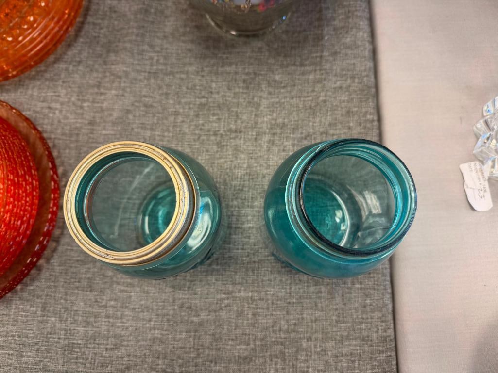 FIVE ANTIQUE AQUA BLUE TINTED GLASS BALL PERFECT MASON JARS INCLUDING SOME LIDS - 10
