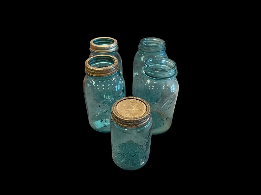 FIVE ANTIQUE AQUA BLUE TINTED GLASS BALL PERFECT MASON JARS INCLUDING SOME LIDS (1 of 10)