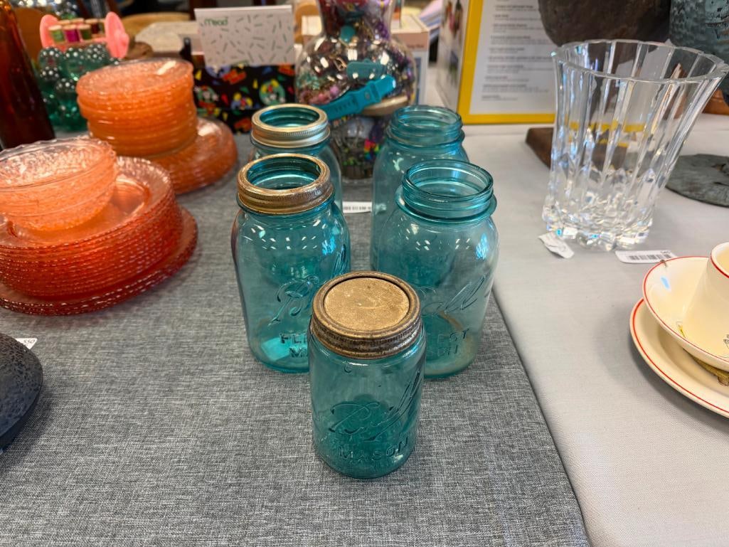 FIVE ANTIQUE AQUA BLUE TINTED GLASS BALL PERFECT MASON JARS INCLUDING SOME LIDS - 2