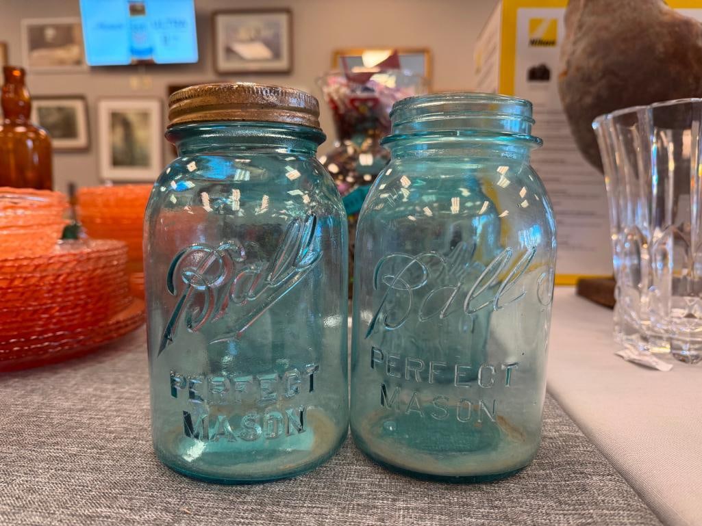 FIVE ANTIQUE AQUA BLUE TINTED GLASS BALL PERFECT MASON JARS INCLUDING SOME LIDS - 5