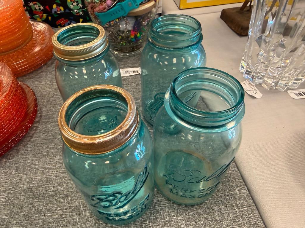 FIVE ANTIQUE AQUA BLUE TINTED GLASS BALL PERFECT MASON JARS INCLUDING SOME LIDS - 6