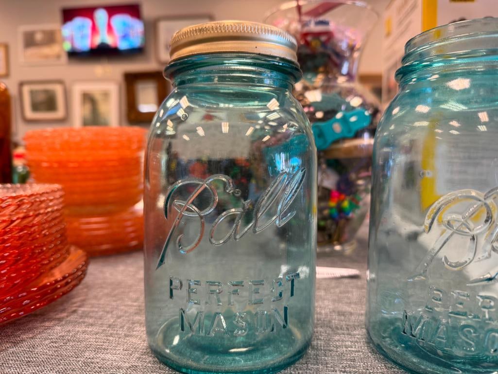 FIVE ANTIQUE AQUA BLUE TINTED GLASS BALL PERFECT MASON JARS INCLUDING SOME LIDS - 8