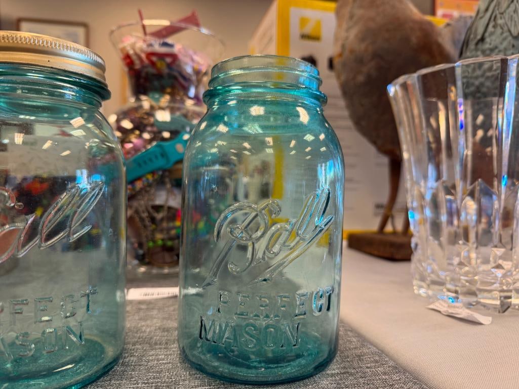 FIVE ANTIQUE AQUA BLUE TINTED GLASS BALL PERFECT MASON JARS INCLUDING SOME LIDS - 9