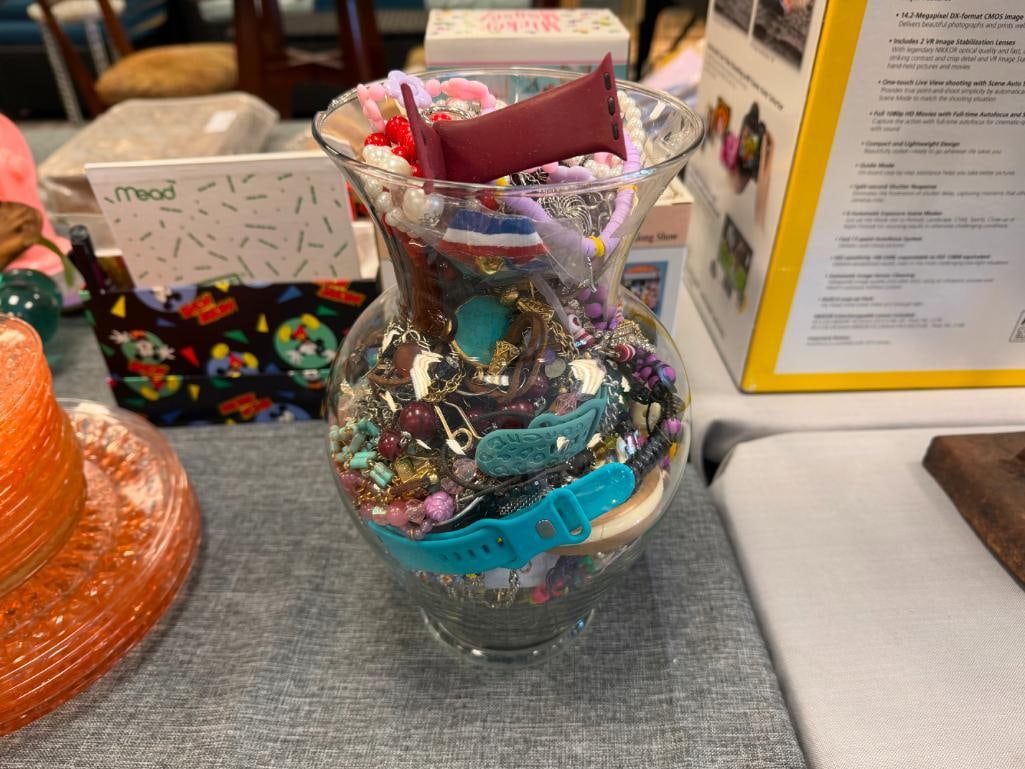 GLASS VASE FILLED WITH ASSORTED COSTUME JEWELRY FEATURING VARIOUS DESIGNS AND STYLES - 2