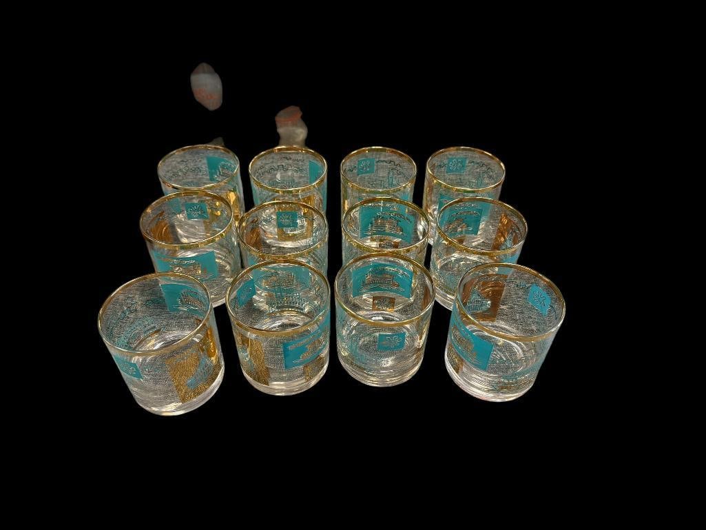 12 VINTAGE 1960'S MID-CENTURY SOUTHERN COMFORT WHISKEY AQUA AND GOLD RIVERBOAT LOWBALL GLASSES: NO CHIPS OR CRACKS, "SC" ON RIVERBOAT 3" X 3"