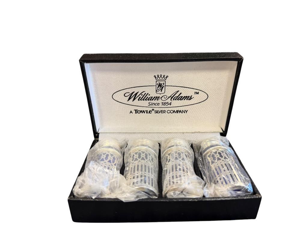 VINTAGE SET OF FOUR TOWLE WILLIAM ADAMS SILVER PLATED COBALT GLASS SHAKERS: IN ORIGINAL BOX 2 1/2" H