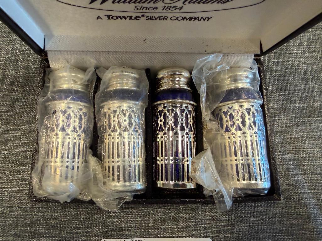 VINTAGE SET OF FOUR TOWLE WILLIAM ADAMS SILVER PLATED COBALT GLASS SHAKERS - 6
