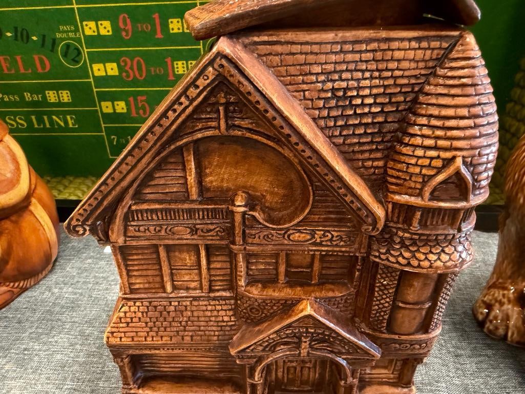 VINTAGE MCCOY POTTERY THINKING DOG CERAMIC COOKIE JAR AND TREASURE CRAFT HOUSE CERAMIC COOKIE JAR - 15