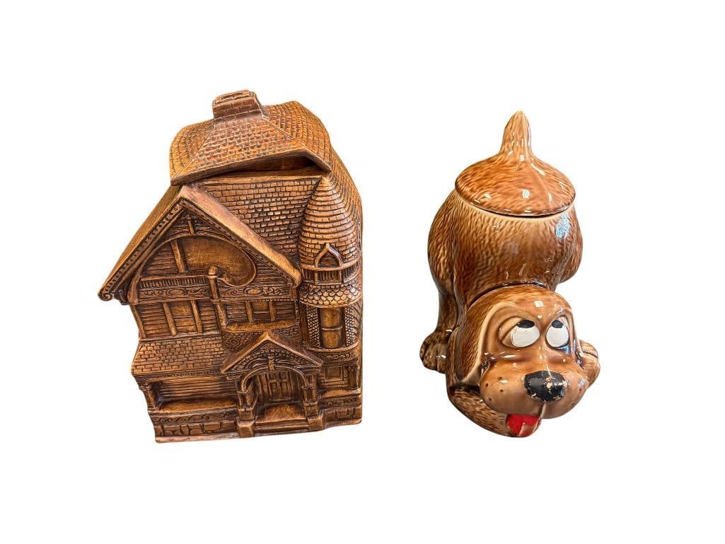 VINTAGE MCCOY POTTERY THINKING DOG CERAMIC COOKIE JAR AND TREASURE CRAFT HOUSE CERAMIC COOKIE JAR (1 of 20)