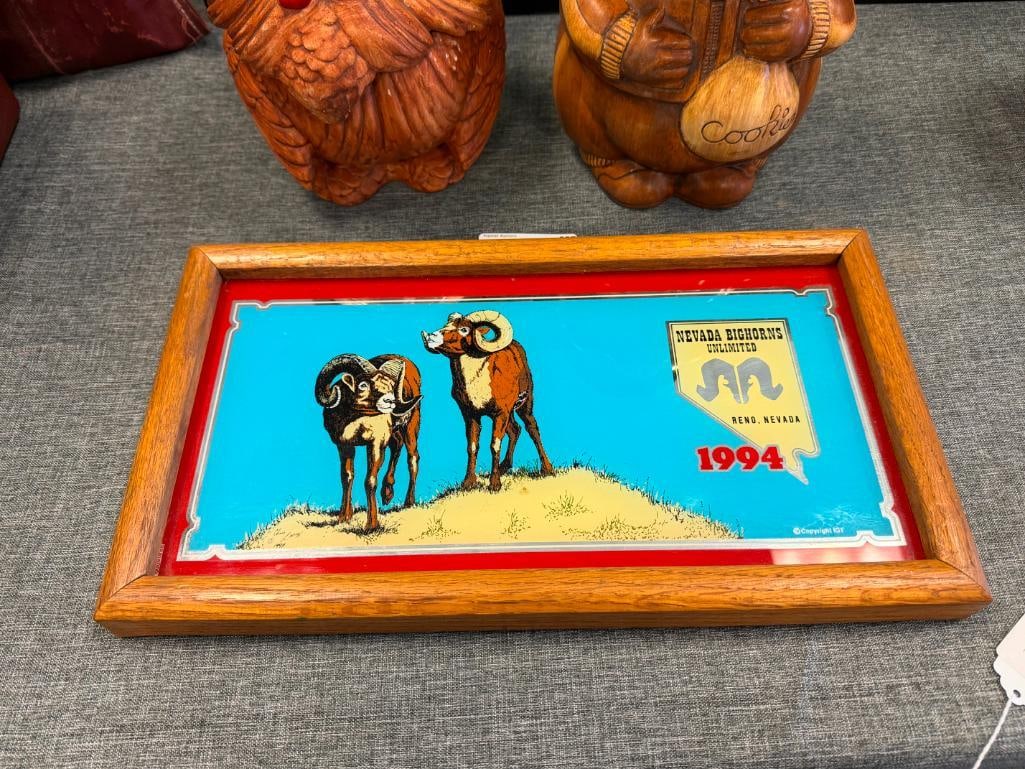 1987, 1989, 1992, AND 1994 NEVADA BIGHORNS UNLIMITED AND RENO DUCKS UNLIMITED GLASS SIGNS WITH OAK - 10