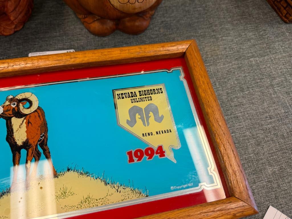 1987, 1989, 1992, AND 1994 NEVADA BIGHORNS UNLIMITED AND RENO DUCKS UNLIMITED GLASS SIGNS WITH OAK - 11