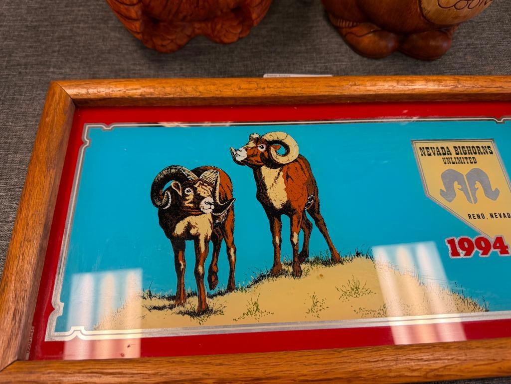 1987, 1989, 1992, AND 1994 NEVADA BIGHORNS UNLIMITED AND RENO DUCKS UNLIMITED GLASS SIGNS WITH OAK - 12