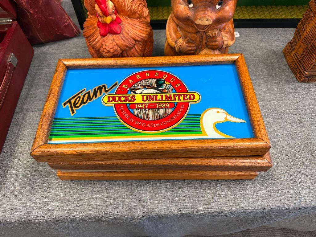 1987, 1989, 1992, AND 1994 NEVADA BIGHORNS UNLIMITED AND RENO DUCKS UNLIMITED GLASS SIGNS WITH OAK - 2