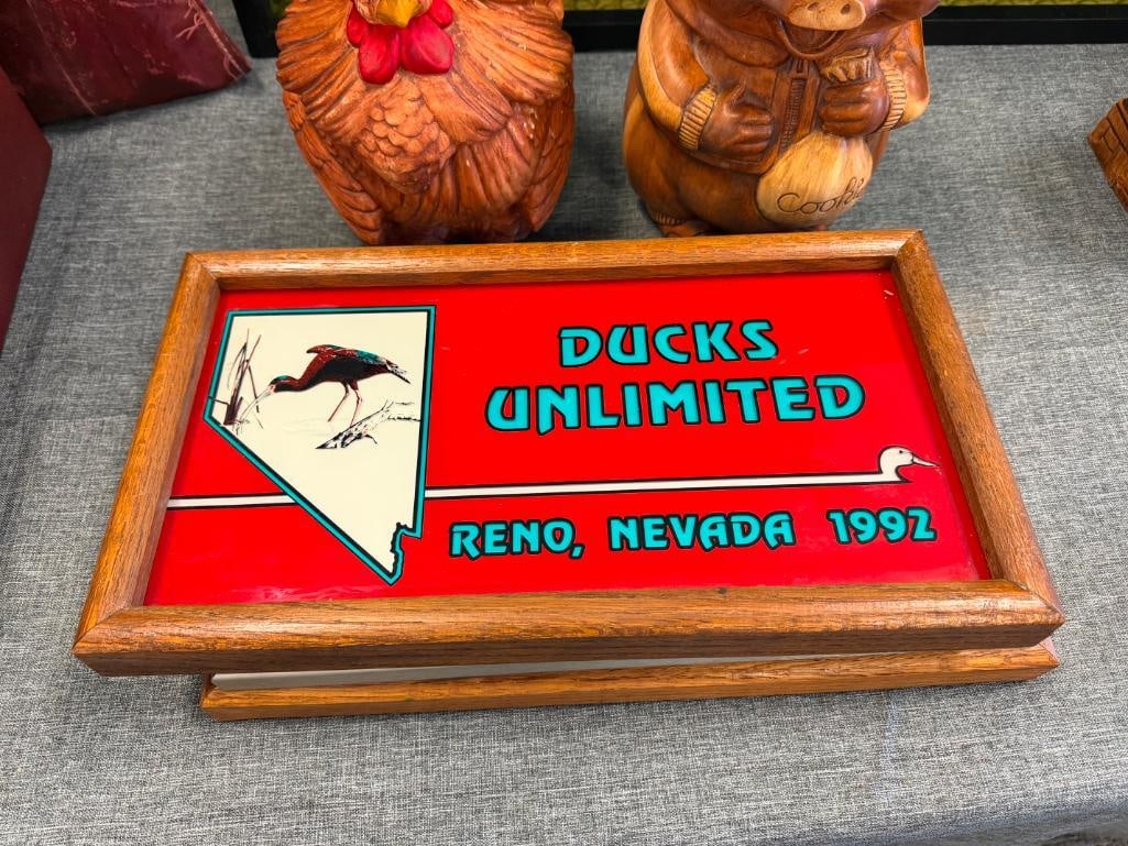 1987, 1989, 1992, AND 1994 NEVADA BIGHORNS UNLIMITED AND RENO DUCKS UNLIMITED GLASS SIGNS WITH OAK - 8