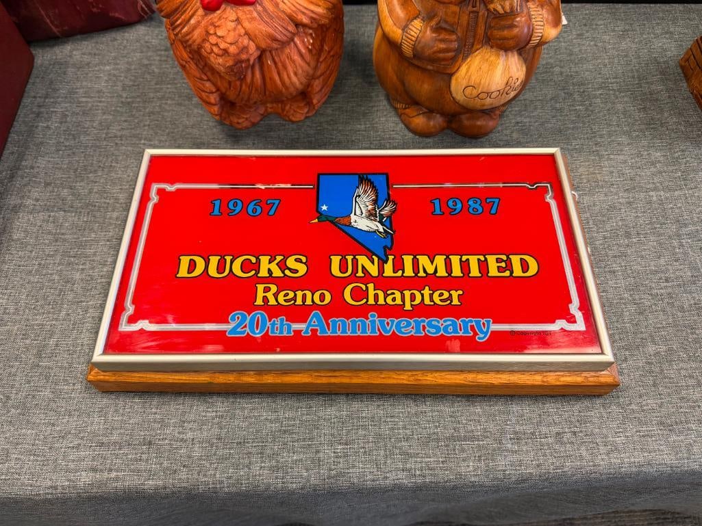 1987, 1989, 1992, AND 1994 NEVADA BIGHORNS UNLIMITED AND RENO DUCKS UNLIMITED GLASS SIGNS WITH OAK - 9