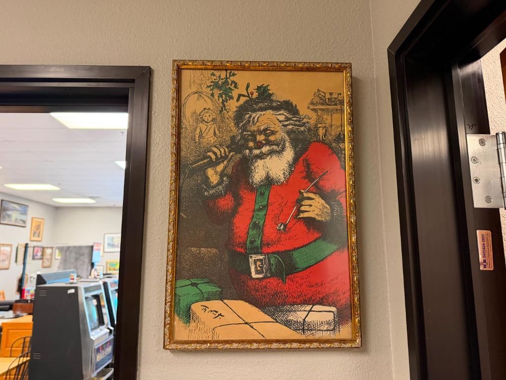 ANTIQUE ILLUSTRATION OF SANTA CLAUS BY THOMAS NAST. FROM HARPER'S WEEKLY, JAN. 1, 1881: GILT FRAMED, SHOWS SOME DAMAGE NEAR TOP, LABEL ON BACK 12 1/2" X 19 1/2"