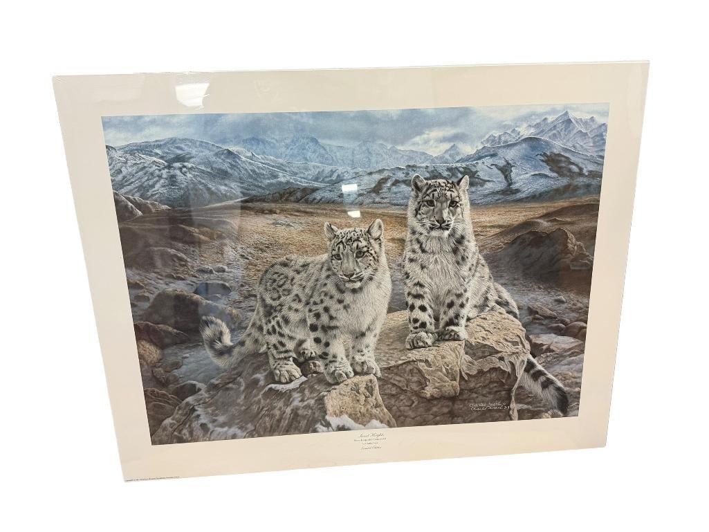 CHARLES FRACE " SECRET HEIGHTS " LIMITED EDITION SIGNED AND NUMBERED PRINT: DEPICTS SNOW LEOPARDS ON THE MOUNTAINSIDE, SIGNED BY ARTIST IN LOWER RIGHT AND NUMBERED 2119/4800, COPYRIGHT 1991 AMERICAN MASTERS FOUNDATION, SEALED IN PLASTIC TO POSTER BOARD 30" X 23"