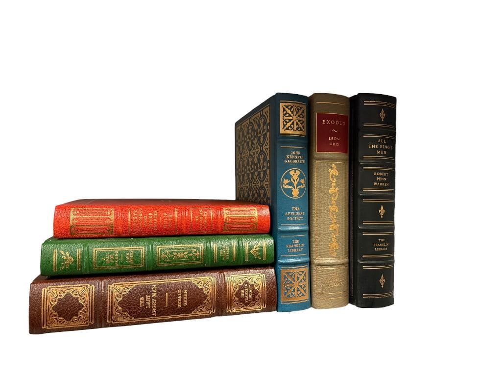 SIX SIGNED FRANKLIN LIBRARY LEATHER BOUND BOOKS INCLUDING " ALL THE KING'S MEN ," " EXODUS ," ETC.: ALSO INCLUDES "A BELL FOR ADANO" BY JOHN HERSEY, "THE LAST ANGRY MAN" BY GERALD GREEN, AND OTHERS, SEE PHOTOS FOR TITLES, ALL IN GREAT CONDITION LARGEST IS 7" X 9 1/2"