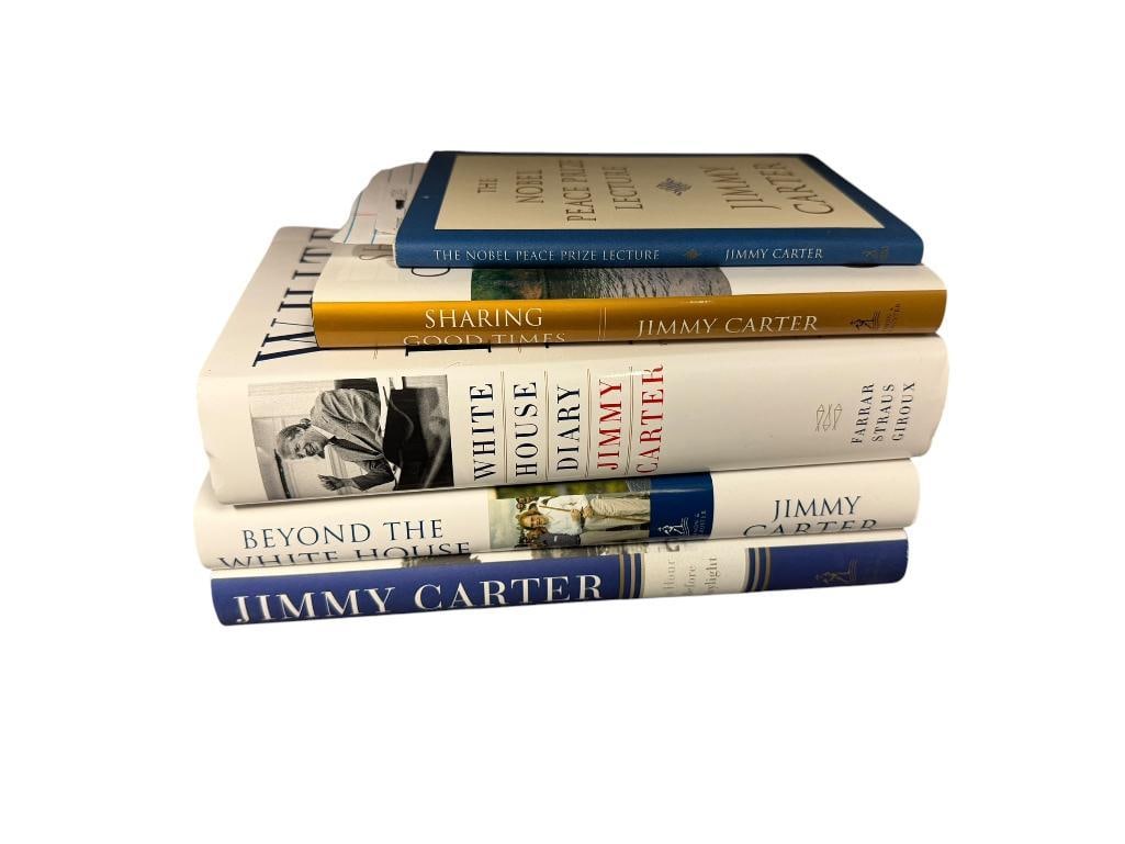 FIVE FIRST EDITION SIGNED PRESIDENT JIMMY CARTER BOOKS INCLUDING " WHITE HOUSE DIARY " AND MORE: ALSO INCLUDES "BEYOND THE WHITE HOUSE," "SHARING GOOD TIMES," "AN HOUR BEFORE DAYLIGHT," AND "THE NOBLE PEACE PRIZE LECTURE," ALL HARD COVER BOOKS WITH DUST JACKETS, EACH IS SIGNED BY PRESIDENT JIMMY