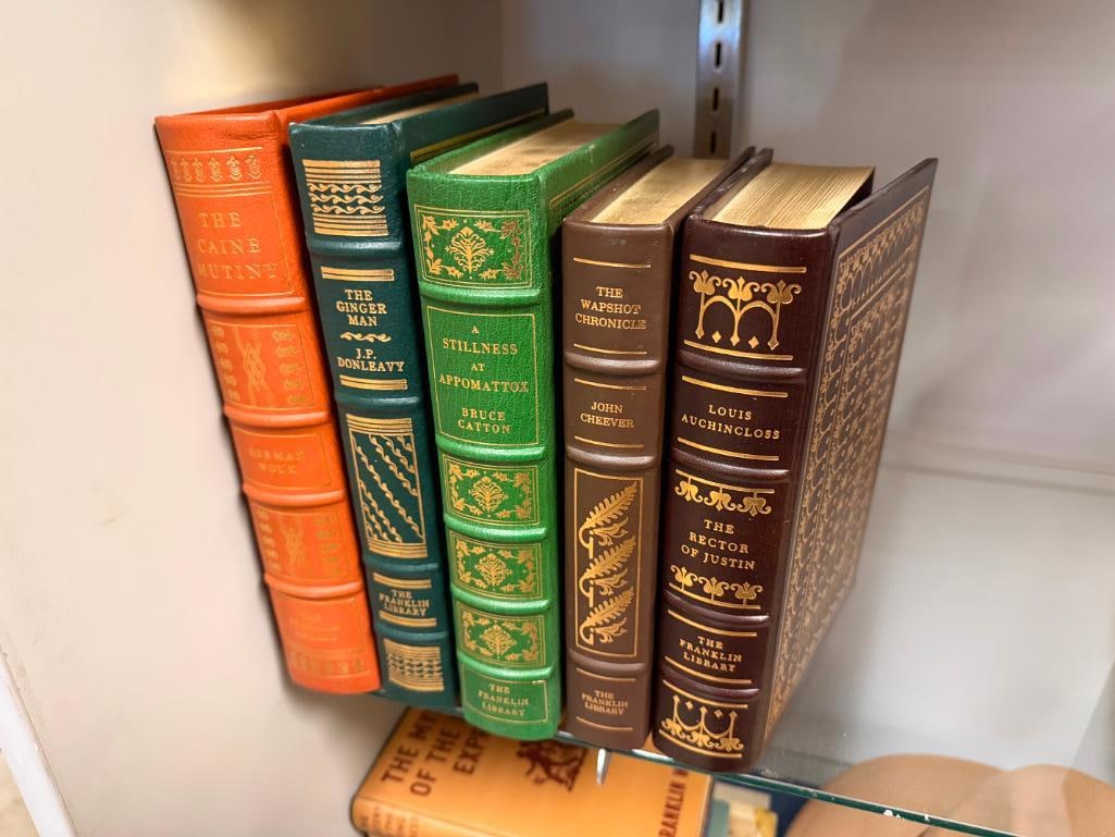 FIVE SIGNED THE FRANKLIN LIBRARY LEATHER BOUND BOOKS INCLUDING " THE CANE MUTINY " BY HERMAN WOUK - 2