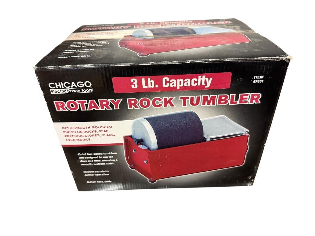 CHICAGO ELECTRIC POWER TOOLS ROTARY ROCK TUMBLER: INCLUDES ORIGINAL BOX, ITEM 67631, 3LB CAPACITY, 120V MOTOR 4 3/4" H X 4 1/2" DIAMETER