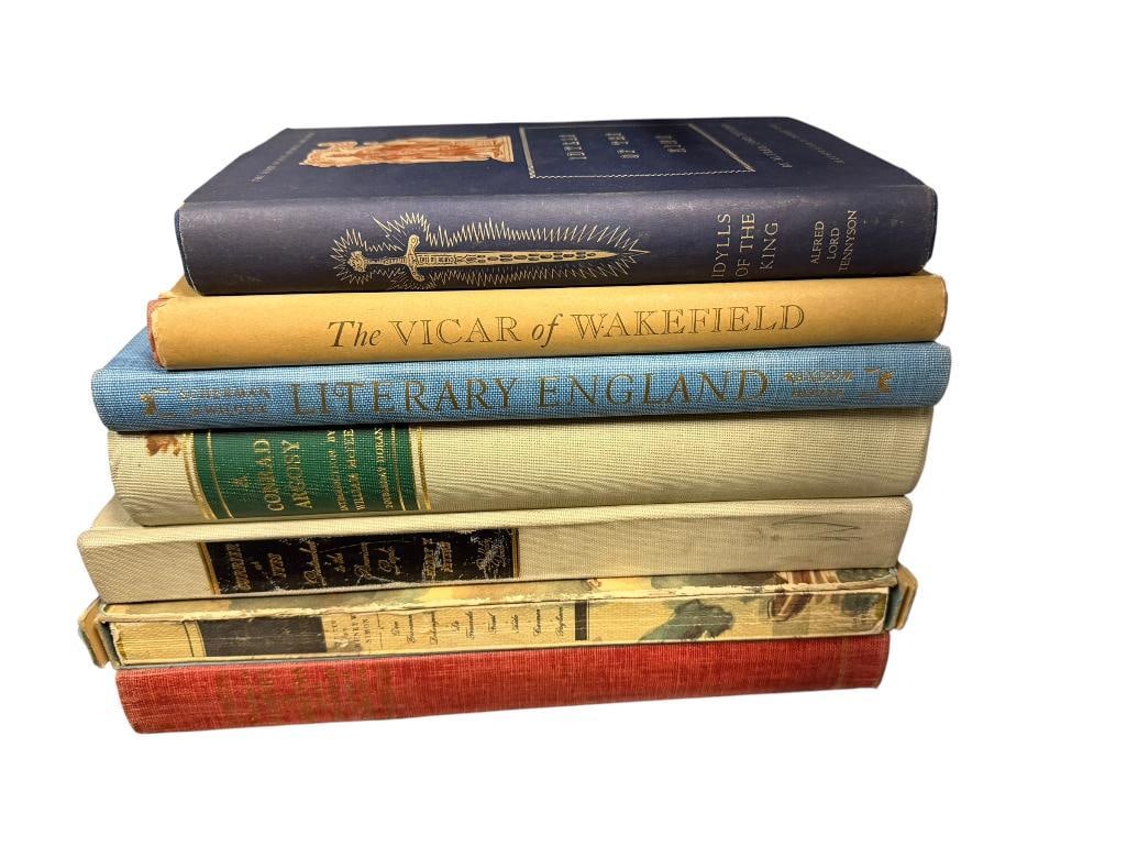 COLLECTION OF SEVEN VINTAGE BOOKS INCLUDING " IDYLLS OF THE KING " BY ALFRED LORD TENNYSON: ALSO INCLUDES "THE VICAR OF WAKEFIELD" BY OLIVER GOLDSMITH COPYRIGHT 1939, "LITERARY ENGLAND PHOTOGRAPHS" BY DAVID E. SCHERMAN, "CURRIER & IVES PRINTMAKERS TO THE AMERICAN PEOPLE" BY HARRY T.