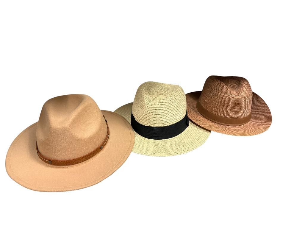 THREE HATS INCLUDING AMERICAN HAT MAKERS, HENSCHEL HAT CO., AND POLYESTER FASHION HAT WITH LEATHER: ALL IN GOOD CONDITION SIZE XL, 57CM