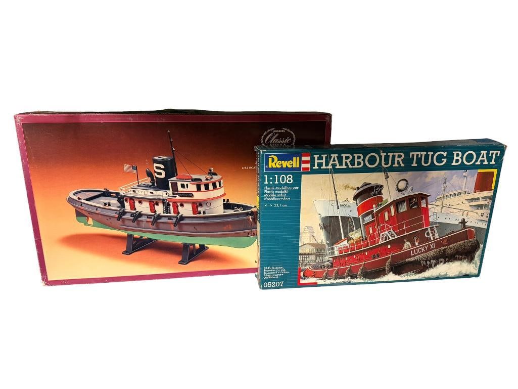 TWO TUGBOAT MODELS INCLUDING LINDBERG CLASSIC REPLICA SERIES DIESEL TUG AND REVELL HARBOUR TUG BOAT: LINDBERG IS 1/82 SCALE AND OTHER IS 1:108 SCALE, MOST PARTS ARE STILL IN PLASTIC, BOXES ARE IN FAIR CONDITION