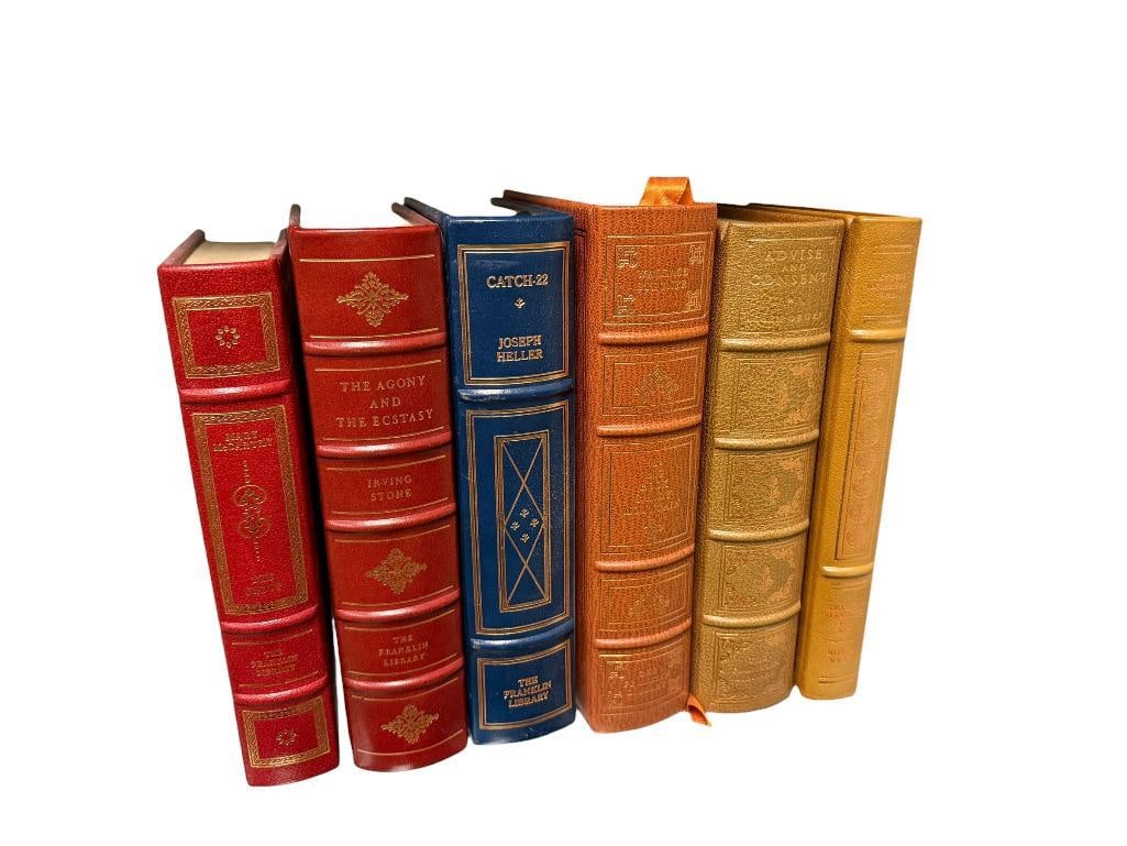 SIX SIGNED FRANKLIN LIBRARY LEATHER BOUND BOOKS INCLUDING " THE AGONY AND THE ECSTAST " (1 of 14)