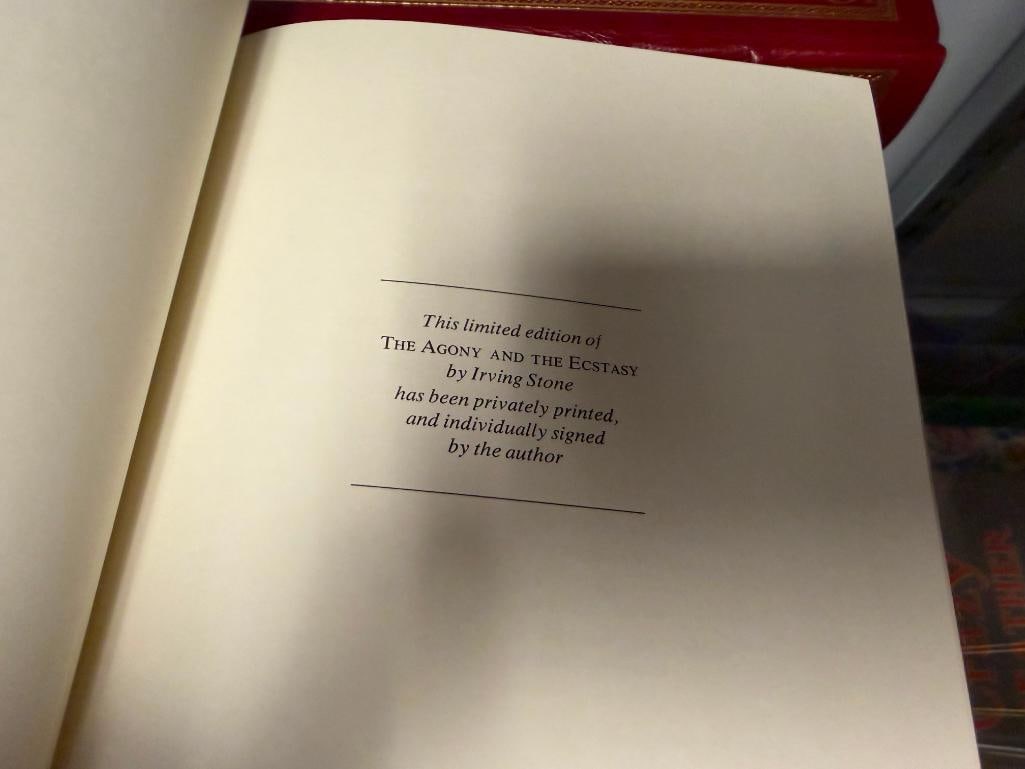 SIX SIGNED FRANKLIN LIBRARY LEATHER BOUND BOOKS INCLUDING " THE AGONY AND THE ECSTAST " - 8