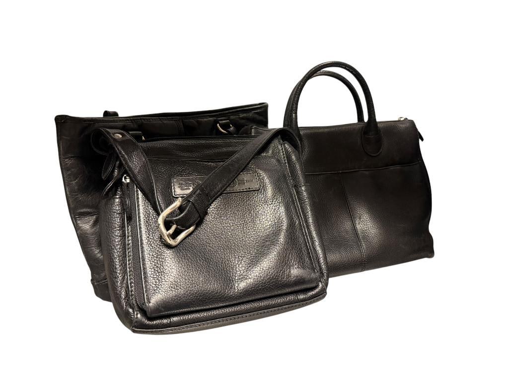THREE LADIES BLACK LEATHER PURSES / HANDBAGS BY FOSSIL, COBB & CO., AND STONE MOUNTAIN: VARIOUS DESIGNS, TWO ARE IN PRETTY GOOD CONDITION AND FOSSIL IS IN A LITTLE BETTER CONDITION LARGEST IS 12" X 3 1/2" X 9"