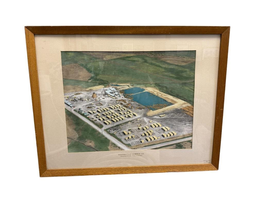 VINTAGE WESTERN WAYS INC. HAND COLORED PHOTOGRAPH IN OIL SIERRAVILLE LUMBER CO. SIERRAVILLE, CA: PHOTOGRAPHY AND COLORING DONE BY WESTERN WAYS INC. MATTING IS EMBOSSED, PHOTO DEPICTS SIERRAVILLE LUMBER MILL WITH MILL, STACKS OF LOGS, VEHICLES, BUILDINGS,ETC, ORIGINAL LABEL ON THE BACK, FRAMED 27