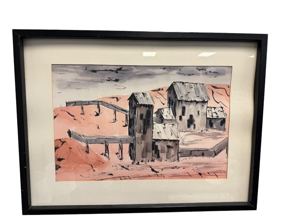 BILL THYR NEVADA ARTIST ORIGINAL WATERCOLOR ON PAPER PAINTING TITLED GRANITE MINE: BILL THYR (1932-2021) WAS A NEVADA ARTIST KNOWN FOR HIS WATERCOLOR AND OIL WORKS OF ABANDONED MILLS, MINES, GHOST TOWNS, ART DEPICTS SCENE OF AN ABANDONED MINE IN BROWN TONES, SIGNED LOWER RIGHT, ART 