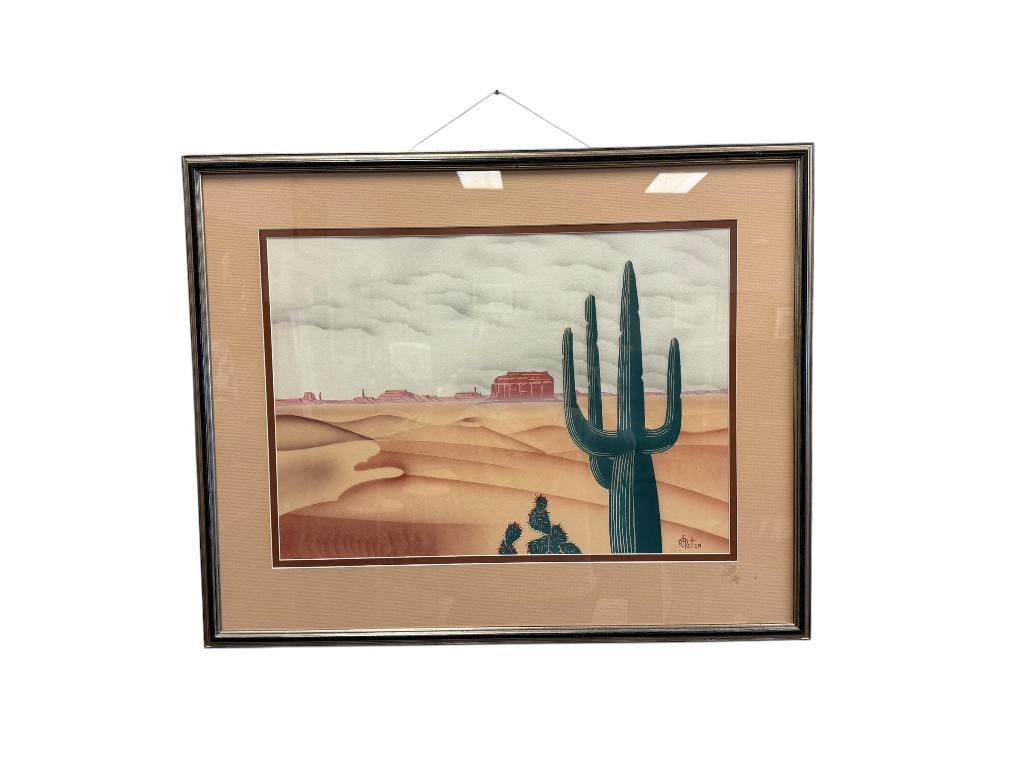 SOUTHWEST LANDSCAPE LITHOGRPAH BY PATTEN: SOUTHWEST LANDSCAPE WITH CACTUS AND MOUNTAINS IN THE BACKGROUND, PLATE SIGNED LOWER RIGHT, FRAMED 30" X 24" FRAME